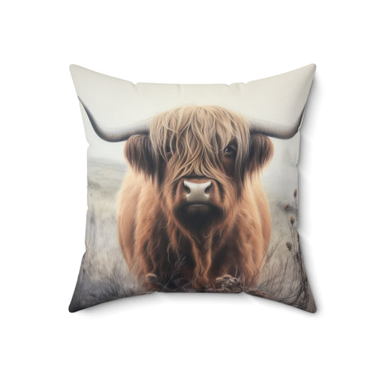 Highland Cow in Foggy Field Square Pillow - Rustic Home Decor Accent - Faux Suede Cover - Cow Lover Gift