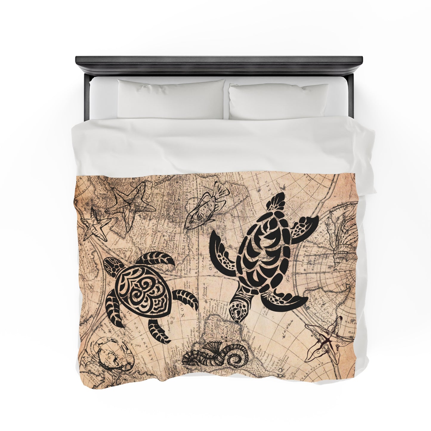 Tribal Sea Turtle and Nautical Map Throw Blanket