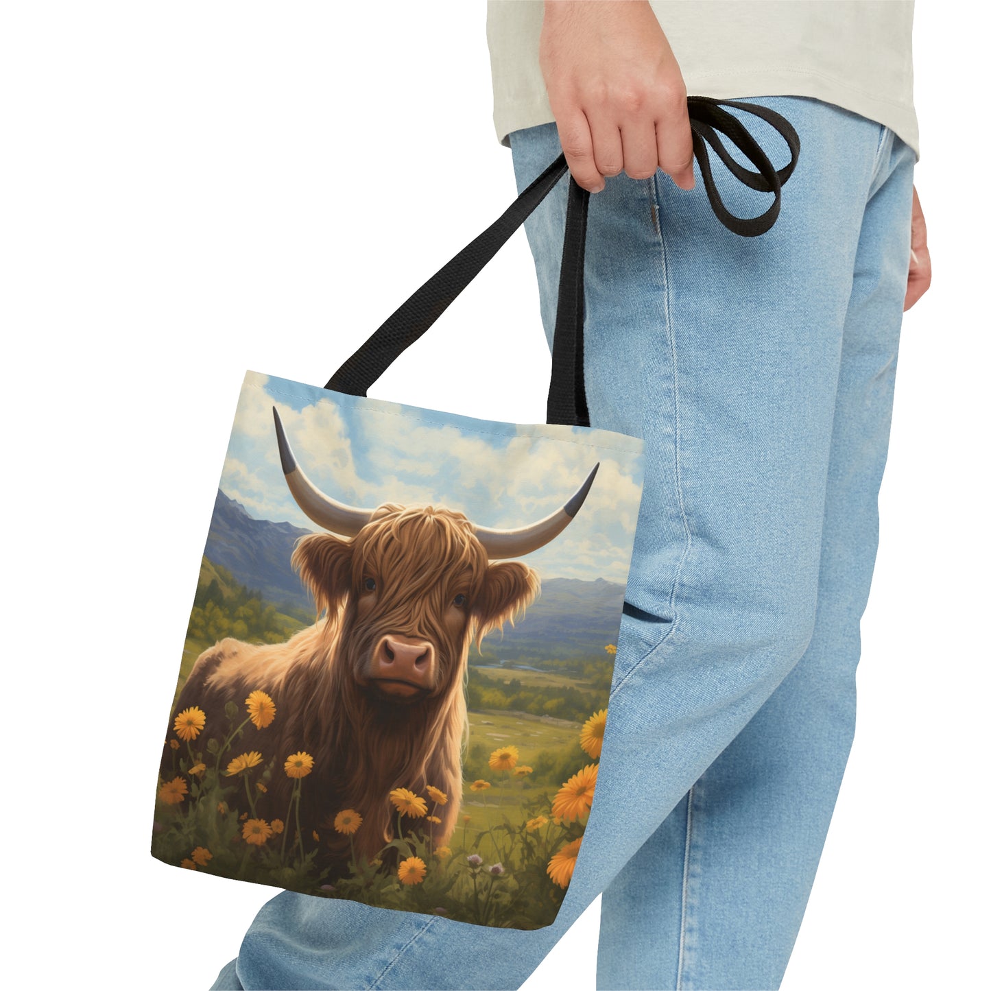 Highland Cow in Yellow Flower Field Tote Bag