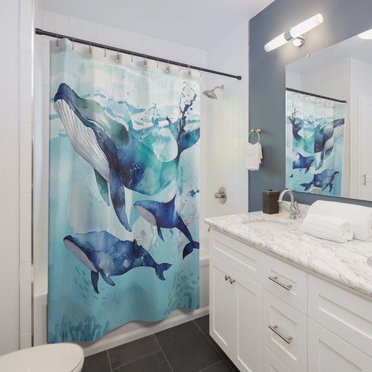 Whimsical Watercolor Whale Shower Curtain - Ocean Themed Bathroom Decor