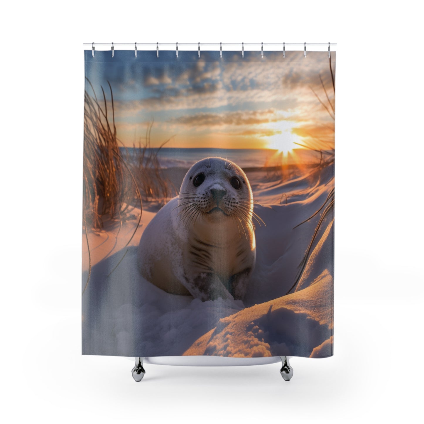 Winter Beach Scene Shower Curtain - Adorable Baby Seal