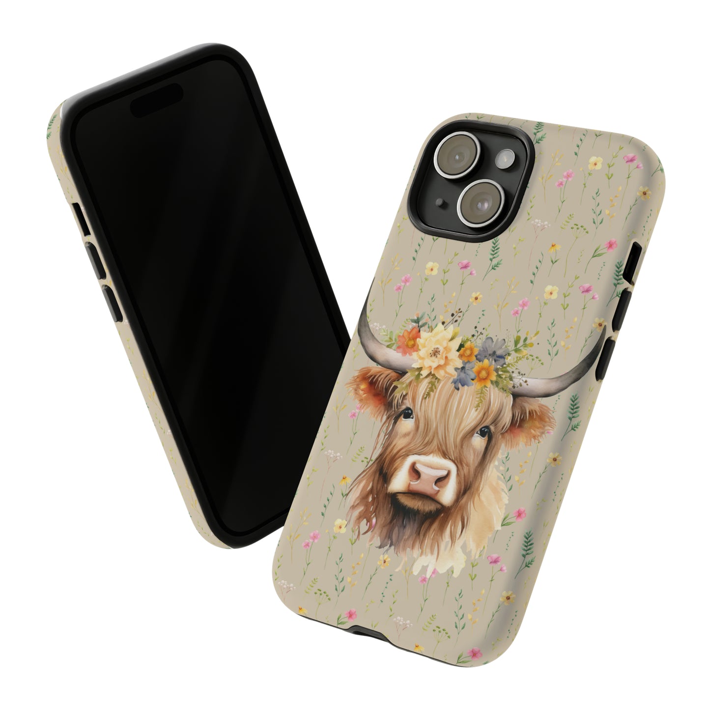 Highland Cow and Flowers - Unique Phone Case Design - Tough Cases - Cow Lover Gift - Cute Phone Case