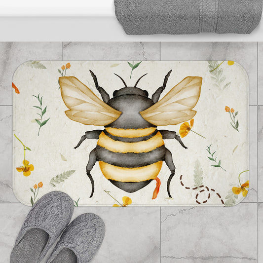 Watercolor Bumblebee and Wildflower Floor Mat - Anti-Slip Microfiber Bath Mat for Kitchens and Bathrooms - Farmhouse Decor - Country Style