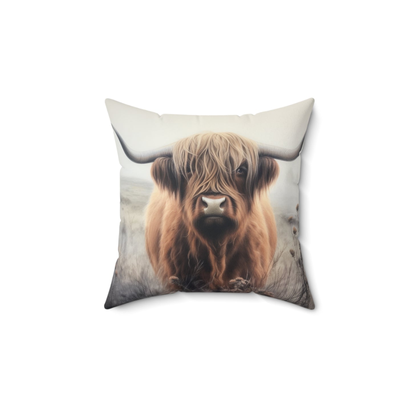 Highland Cow in Foggy Field Square Pillow - Rustic Home Decor Accent - Faux Suede Cover - Cow Lover Gift