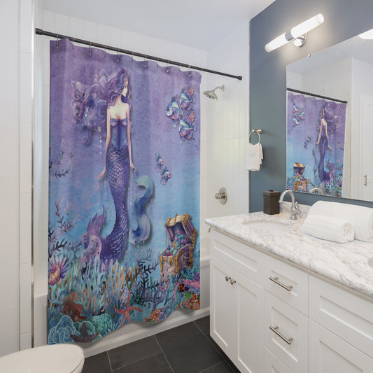 Enchanting Mermaid Shower Curtain - Underwater Fantasy Scene Bathroom Curtain - For Kids