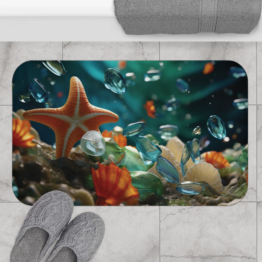 Seaside Serenity - Sea Glass and Starfish Bath Mat with Memory Foam - Fast Drying - Beach House Decor