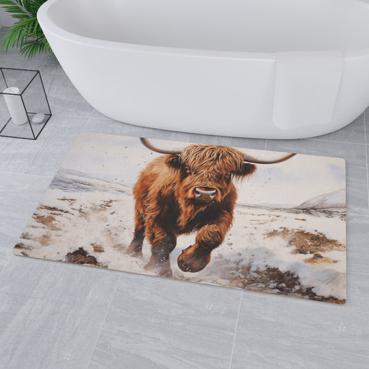Floor Mat Highland Cow Walking Through Snow Bathroom Mat