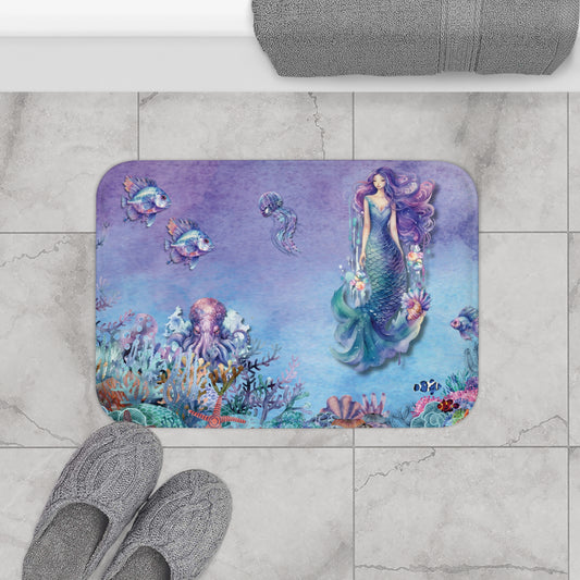 Mermaid and Sea Creatures Memory Foam Bath Mat - Fast Drying & Anti-Slip - Bathroom Decor for Kids