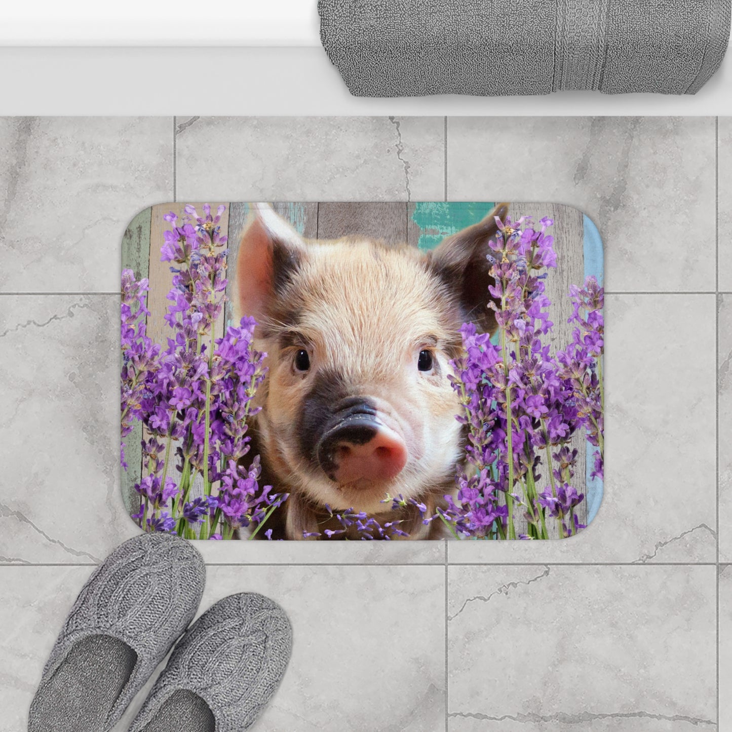 Piglet Bathroom Mat with Lavender Flowers