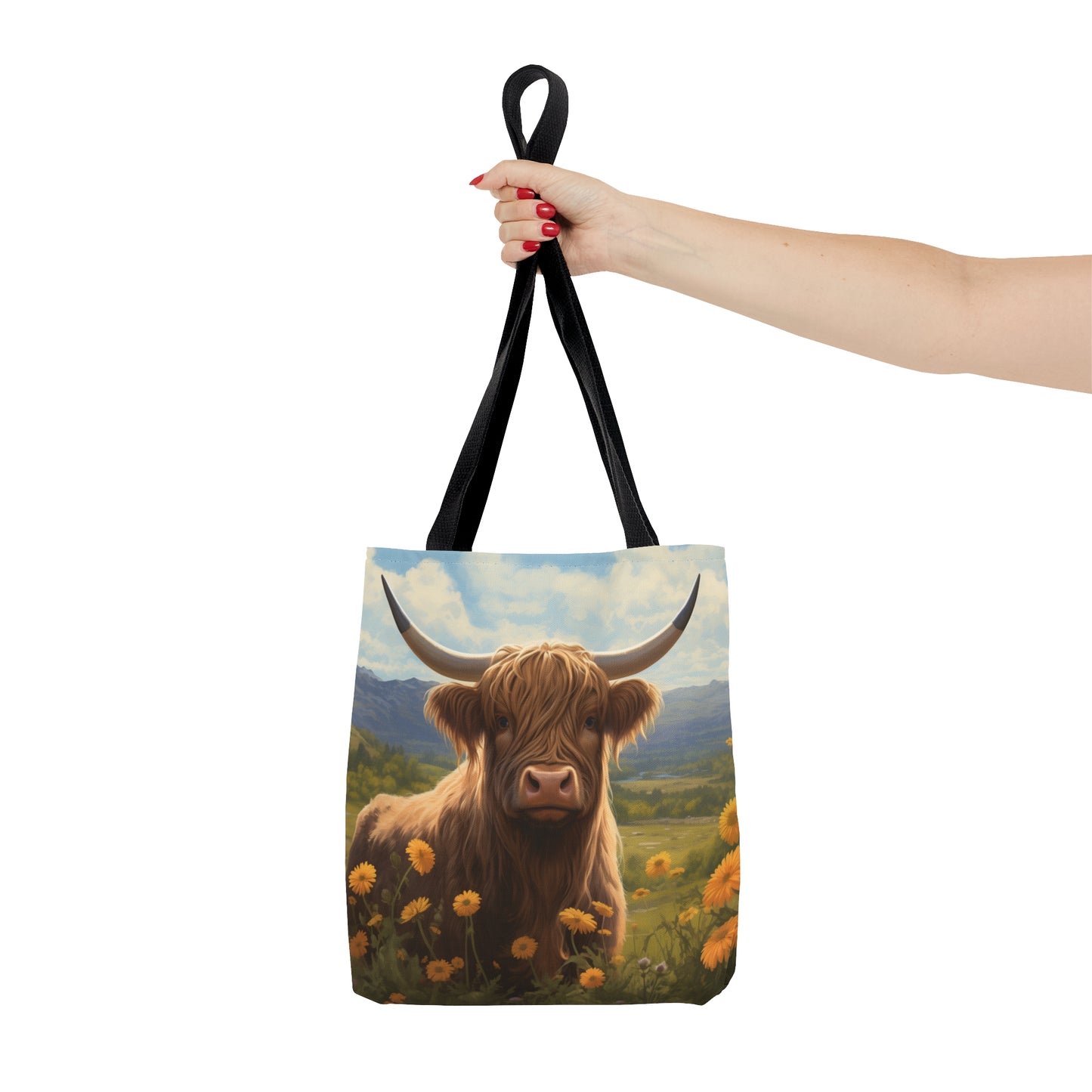 Highland Cow in Yellow Flower Field Tote Bag