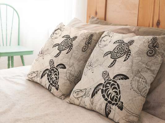 Nautical Map and Tribal Sea Turtles Square Pillow